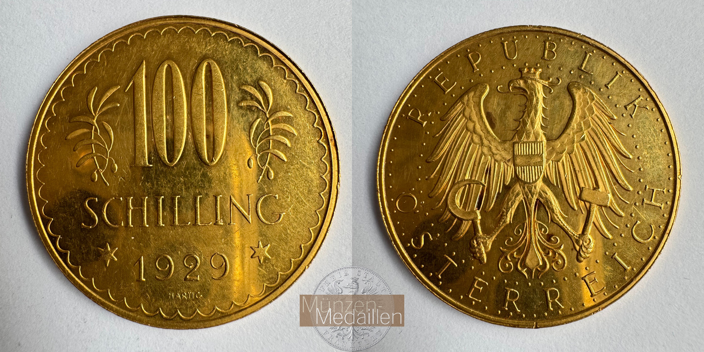  Österreich 100 Schilling 1929 (1926-1934) Prooflike MM-Frankfurt KM#2842 Feingold: 21,17g   