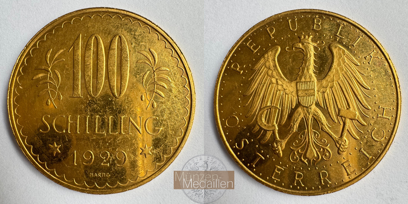  Österreich 100 Schilling 1929 (1926-1934) Prooflike MM-Frankfurt KM#2842 Feingold: 21,17g   