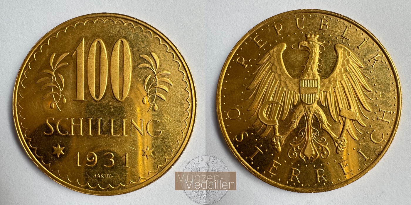  Österreich 100 Schilling 1931 (1926-1934) Prooflike MM-Frankfurt KM#2842 Feingold: 21,17g   