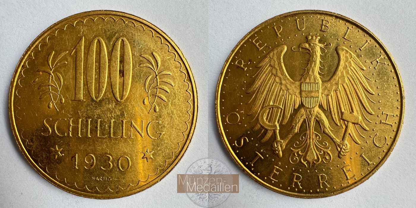  Österreich 100 Schilling 1930 (1926-1934) Prooflike MM-Frankfurt KM#2842 Feingold: 21,17g   