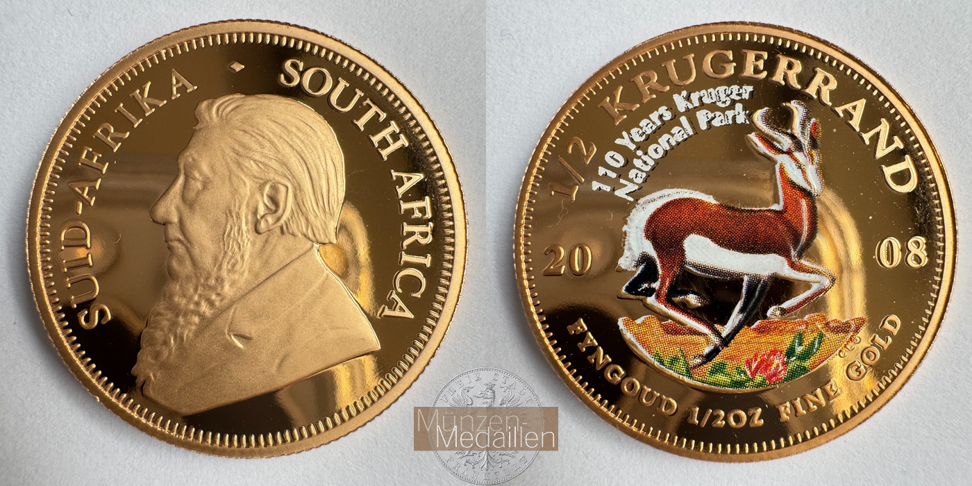  Südafrika 1/2 Ounce Krugerrand 2008 Colored Proof MM-Frankfurt Feingold: 15,56g   