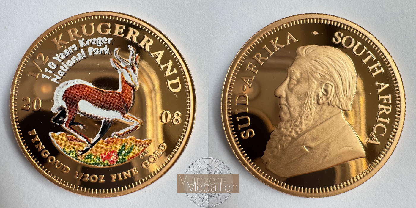  Südafrika 1/2 Ounce Krugerrand 2008 Colored Proof MM-Frankfurt Feingold: 15,56g   