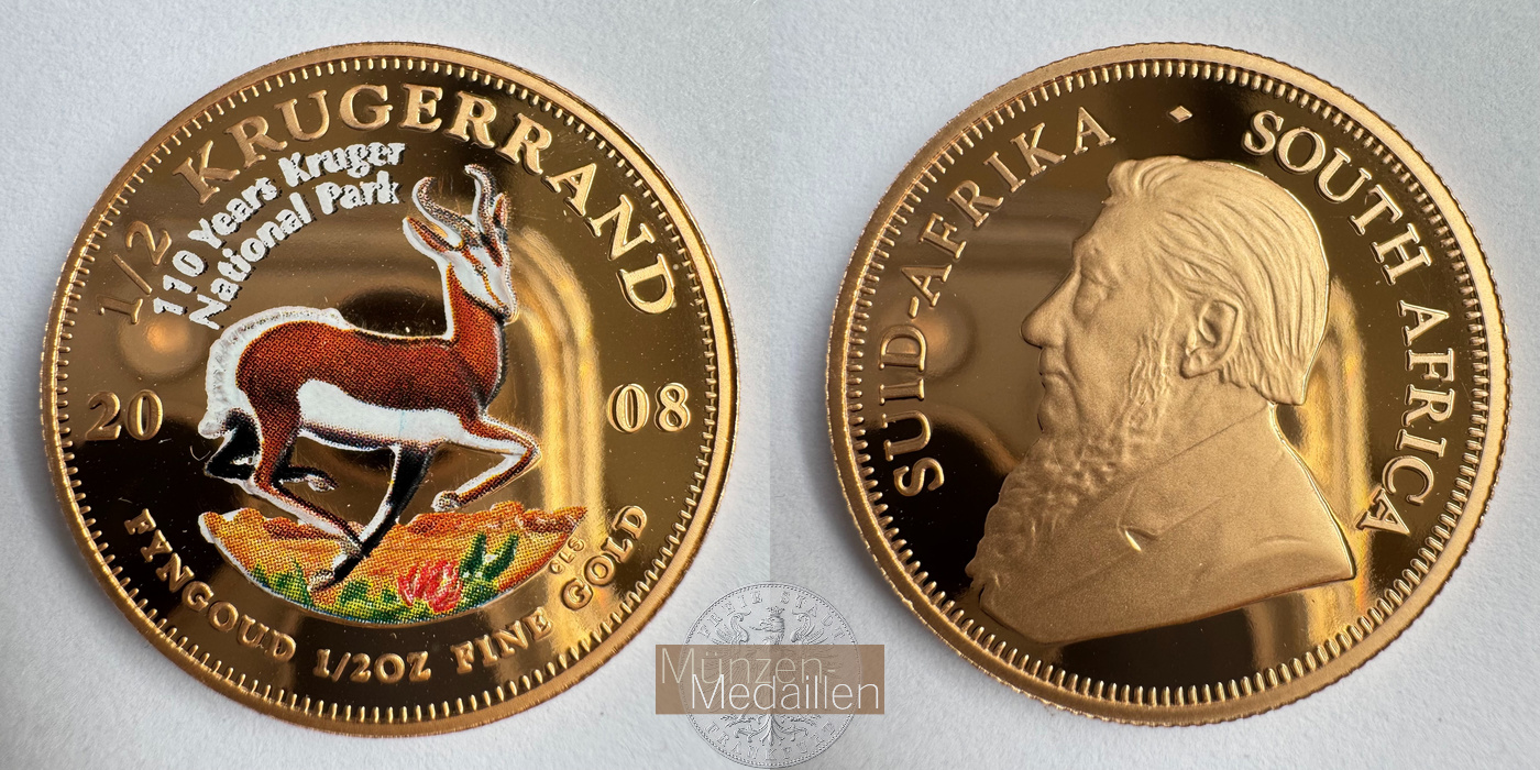  Südafrika 1/2 Ounce Krugerrand 2008 Colored Proof MM-Frankfurt Feingold: 15,56g   