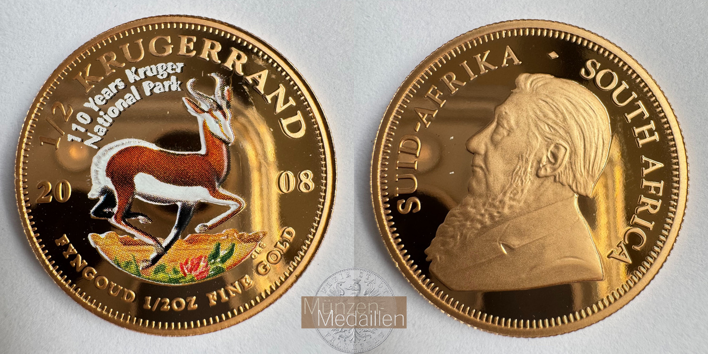 Südafrika 1/2 Ounce Krugerrand 2008 Colored Proof MM-Frankfurt Feingold: 15,56g   