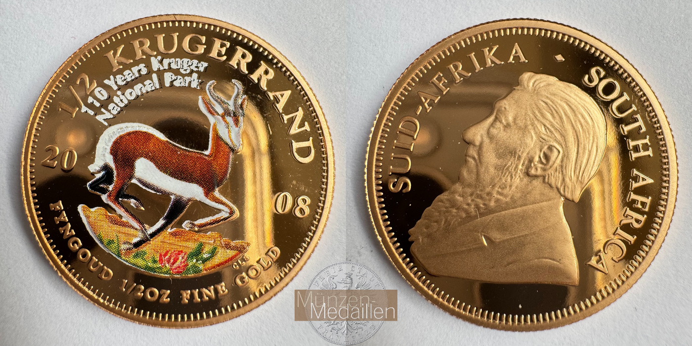  Südafrika 1/2 Ounce Krugerrand 2008 Colored Proof MM-Frankfurt Feingold: 15,56g   