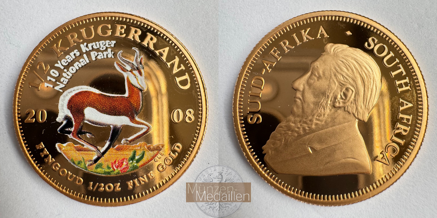  Südafrika 1/2 Ounce Krugerrand 2008 Colored Proof MM-Frankfurt Feingold: 15,56g   