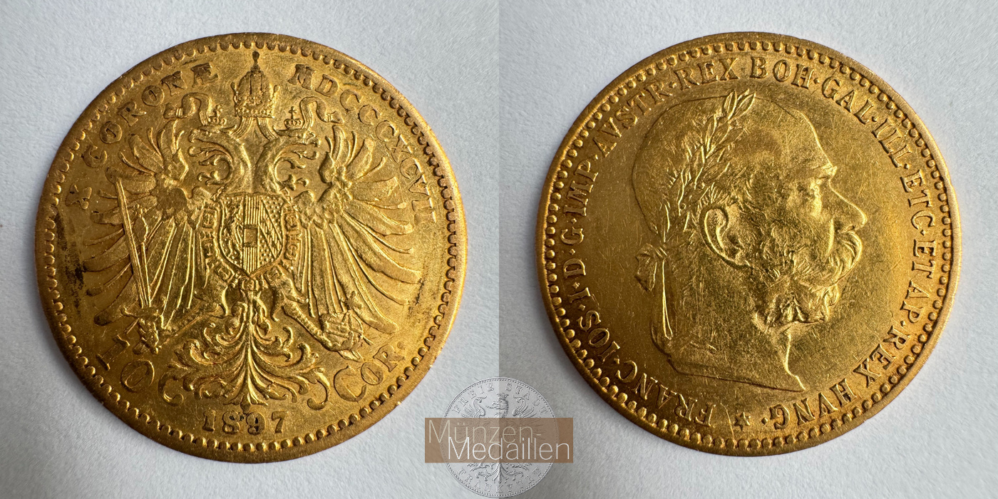  Österreich 10 Corona Francis Joseph I 1897 (1896-1906) MM-Frankfurt Feingold: 3,05g   