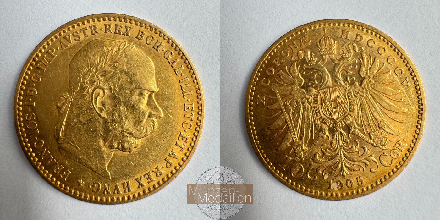  Österreich 10 Corona Francis Joseph I 1905 (1896-1906) MM-Frankfurt Feingold: 3,05g   