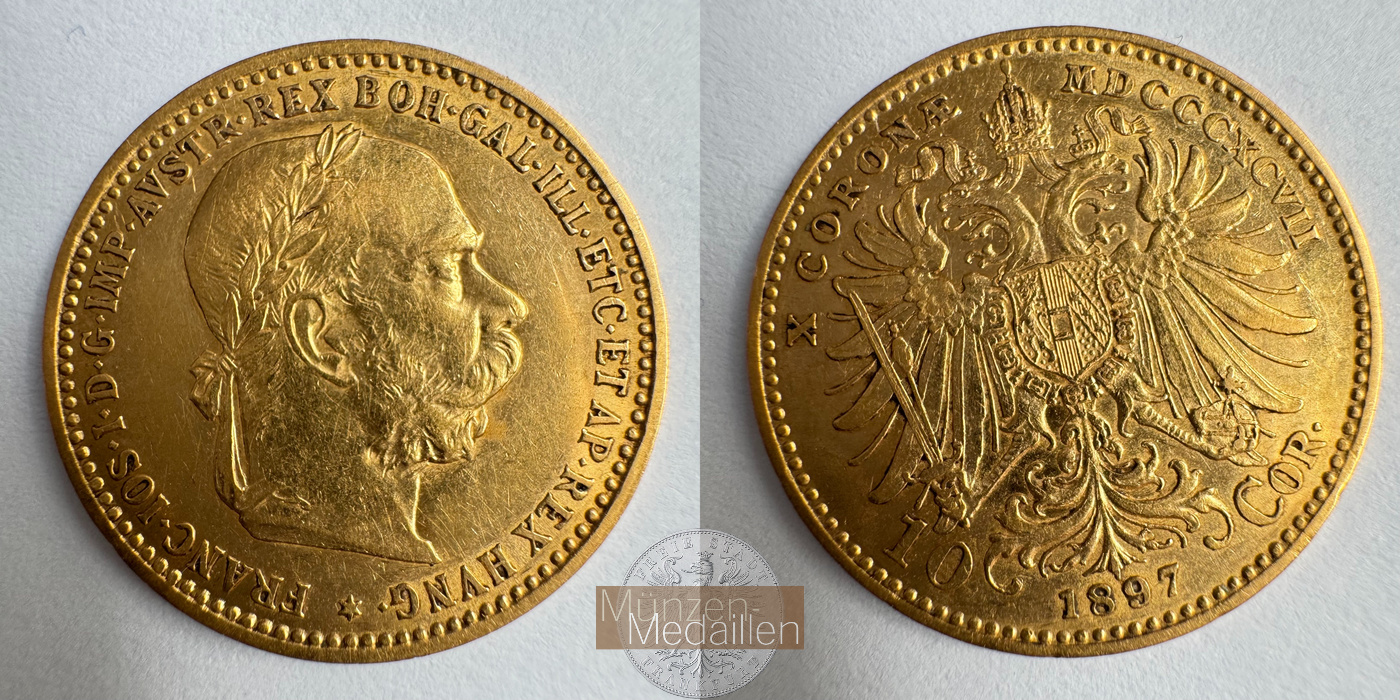  Österreich 10 Corona Francis Joseph I 1897 (1896-1906) MM-Frankfurt Feingold: 3,05g   