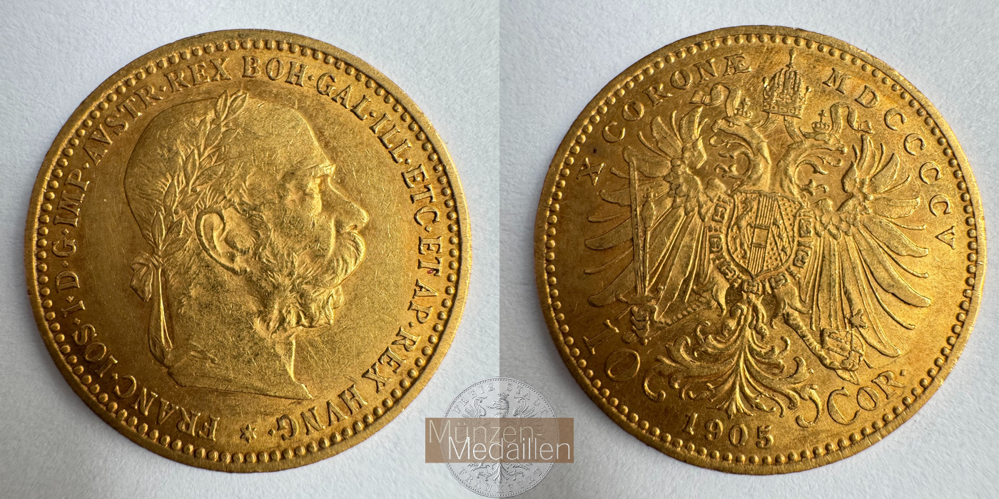  Österreich 10 Corona Francis Joseph I 1905 (1896-1906) MM-Frankfurt Feingold: 3,05g   