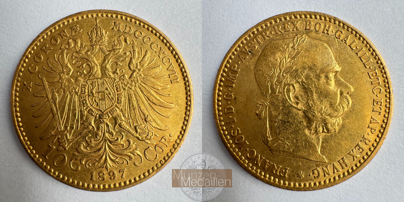  Österreich 10 Corona Francis Joseph I 1897 (1896-1906) MM-Frankfurt Feingold: 3,05g   