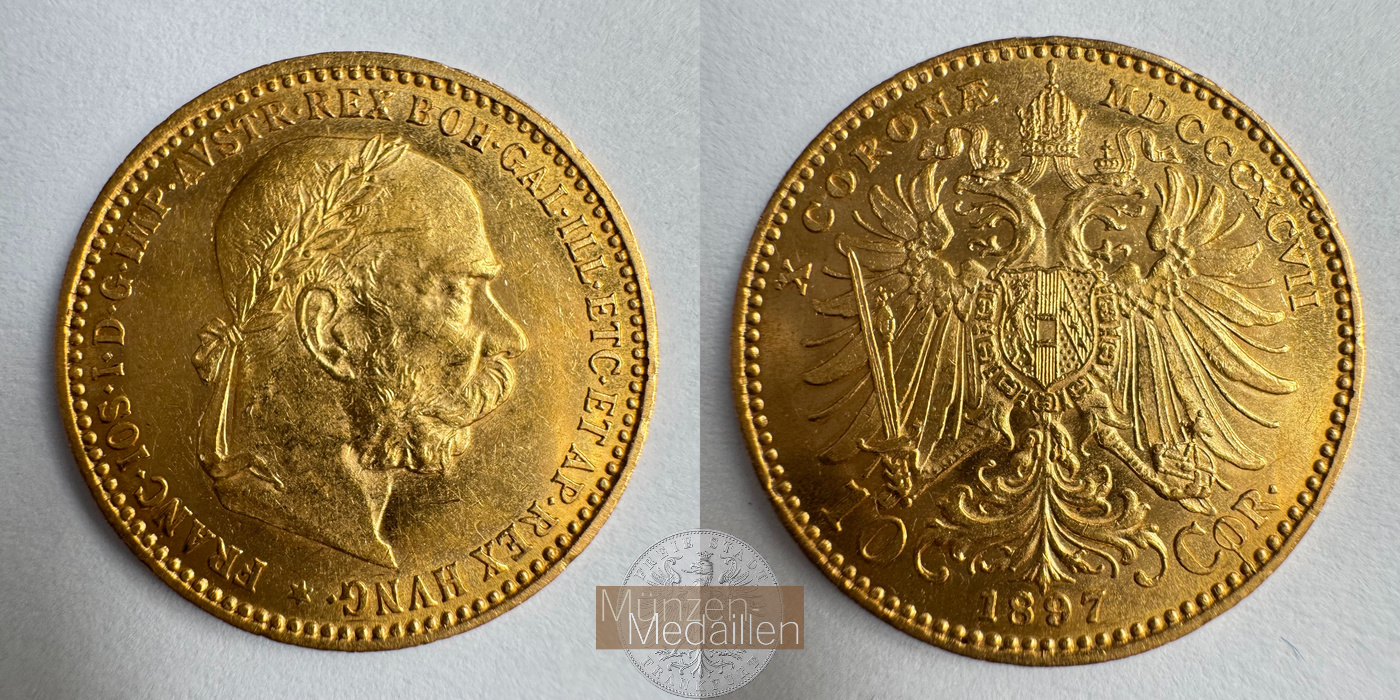 Österreich 10 Corona Francis Joseph I 1897 (1896-1906) MM-Frankfurt Feingold: 3,05g