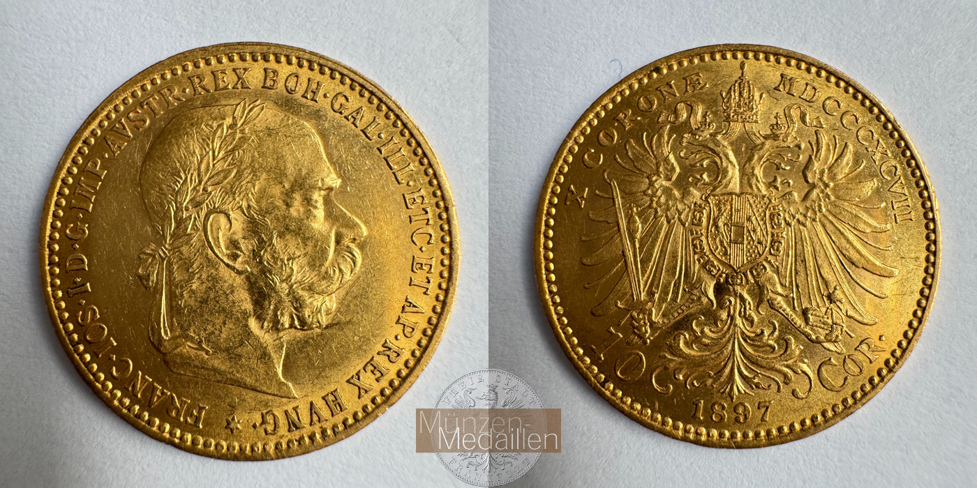  Österreich 10 Corona Francis Joseph I 1897 (1896-1906) MM-Frankfurt Feingold: 3,05g   