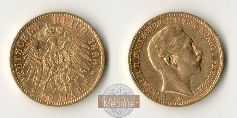 Dt. Kaiserreich Preussen, Wilhelm II. MM-Frankfurt Feingold: 7,17g 20 Mark 1898 A 