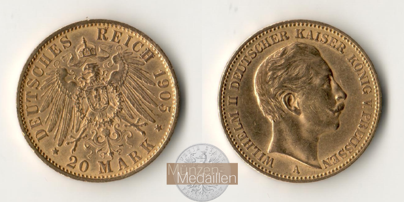 Dt. Kaiserreich. Preussen Wilhelm II. MM-Frankfurt Feingold: 7,17g 20 Mark 1905 A 