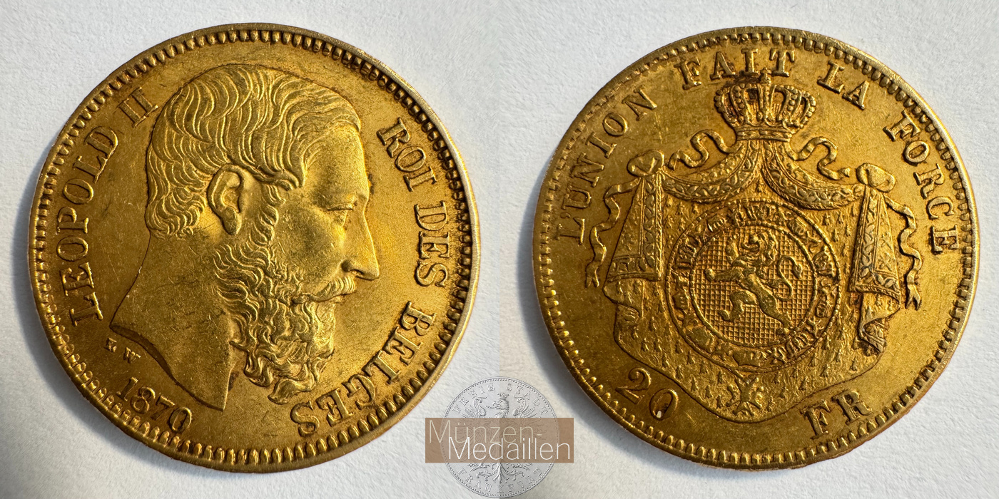  Belgien 20 Francs Léopold II (finer beard) 1870 (1870-1882) MM-Frankfurt Feingold: 5,805g   