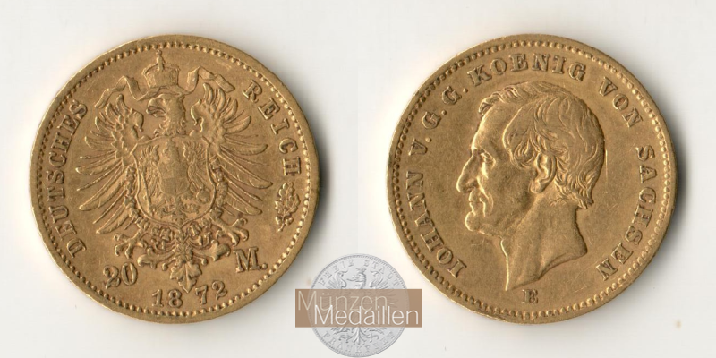 Deutsches Kaiserreich, Sachsen Johann MM-Frankfurt KM#1233 Feingold: 7,17g 20 Mark 1872 E 