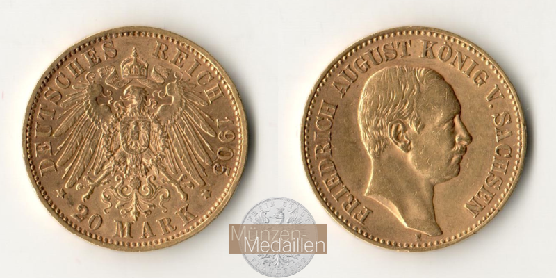 Sachsen, Kaiserreich  20 Mark MM-Frankfurt Feingold: 7,17g Friedrich August 1904 - 1918 1905 E 