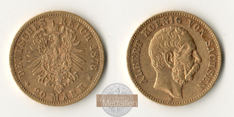 Sachsen, Kaiserreich  20 Mark MM-Frankfurt Feingold: 7,17g Albert 1873-1902 1876 E 