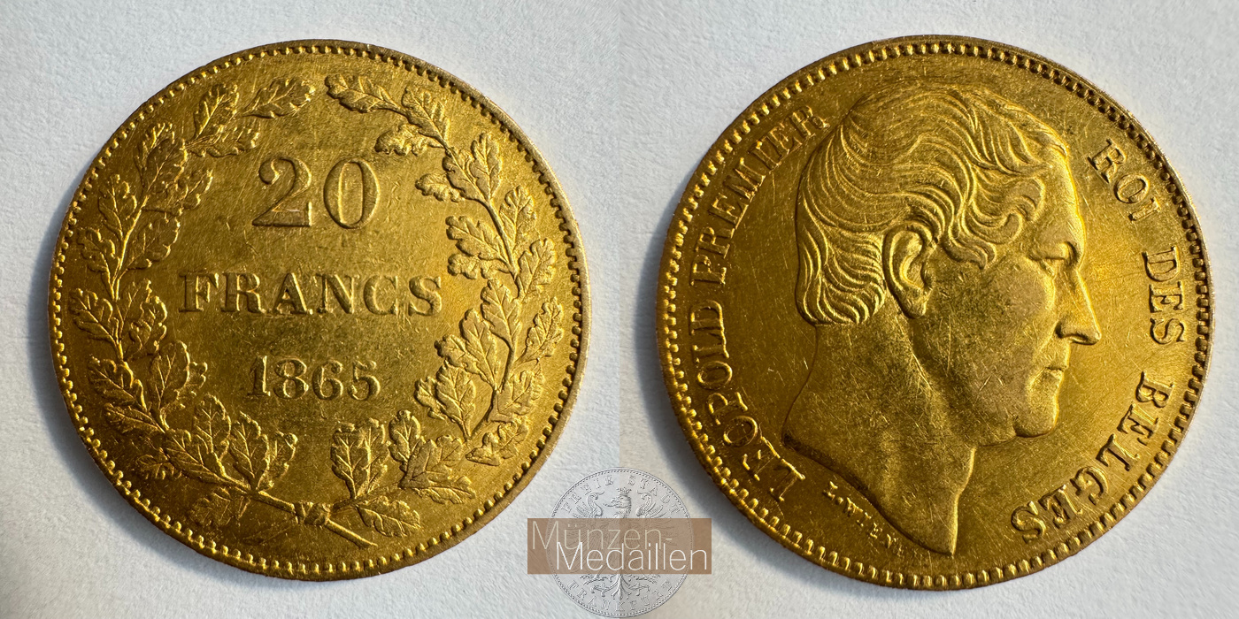  Belgien 20 Francs Léopold I 1865 (1864-1866) MM-Frankfurt Feingold: 5,805g   
