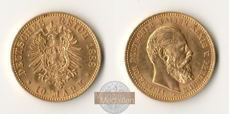 Dt. Kaiserreich Preussen, Friedrich III. MM-Frankfurt Feingewicht: 3,58g Gold 10 Mark 1888 A 