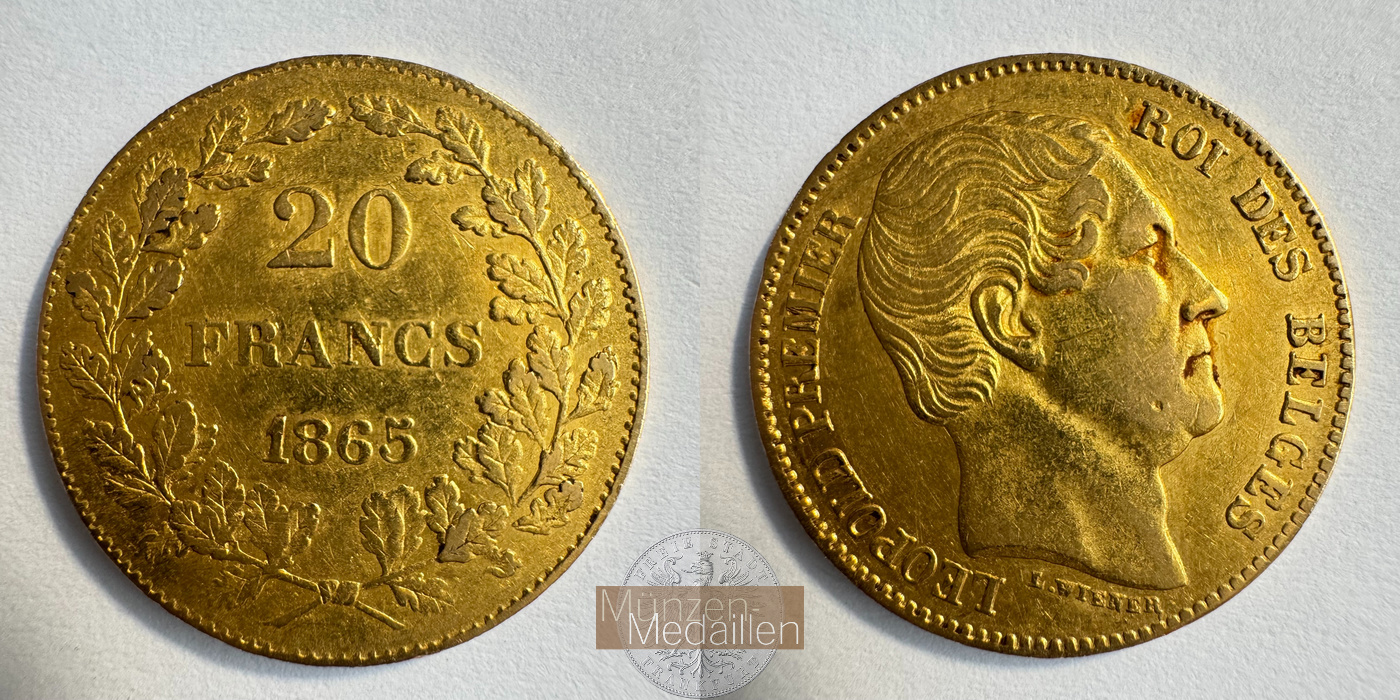  Belgien 20 Francs Léopold I 1865 (1864-1866) MM-Frankfurt Feingold: 5,805g   