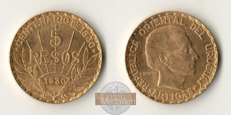 Uruguay MM-Frankfurt Feingewicht: 7,78g 5 Pesos 1930 