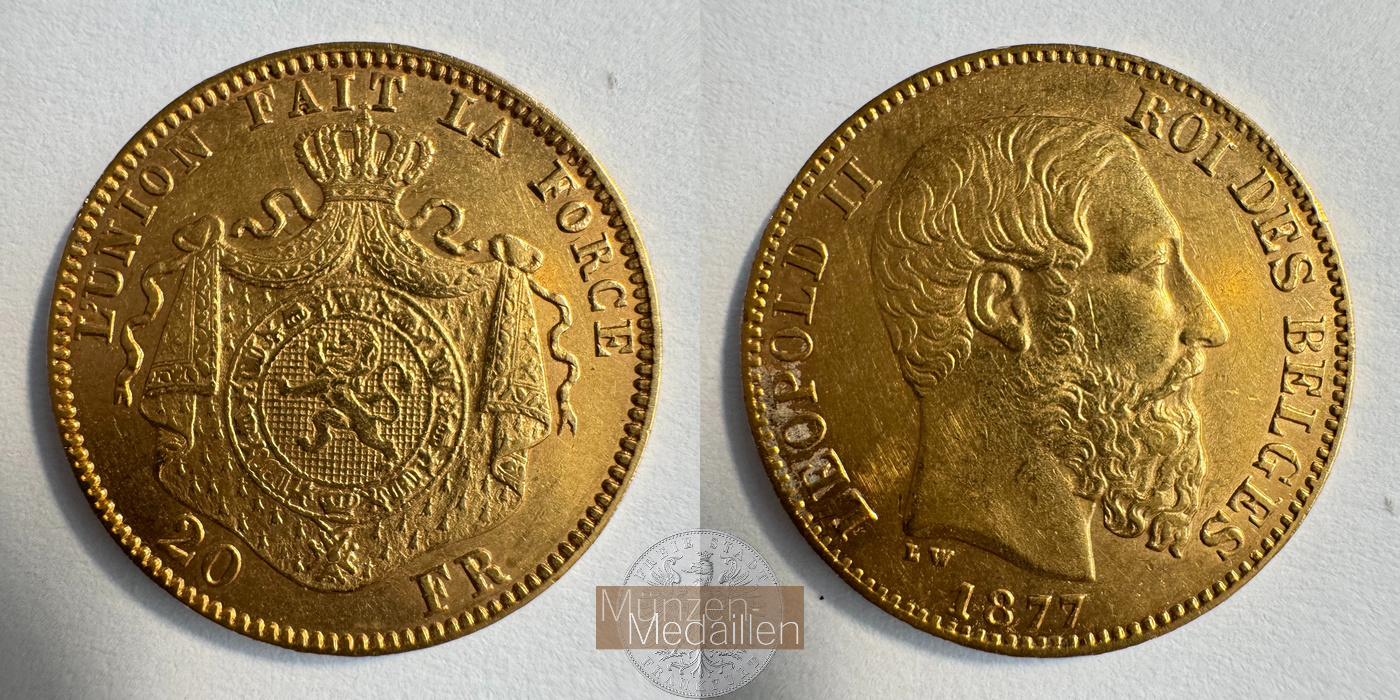  Belgien 20 Francs Léopold II 1877 (1870-1882) MM-Frankfurt Feingold: 5,805g   