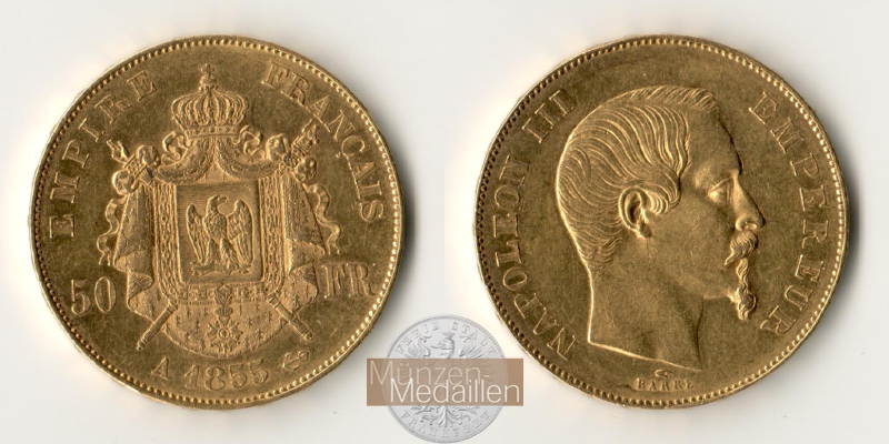 Frankreich MM-Frankfurt Feingold: 14,52g 50 Francs 1855 A 