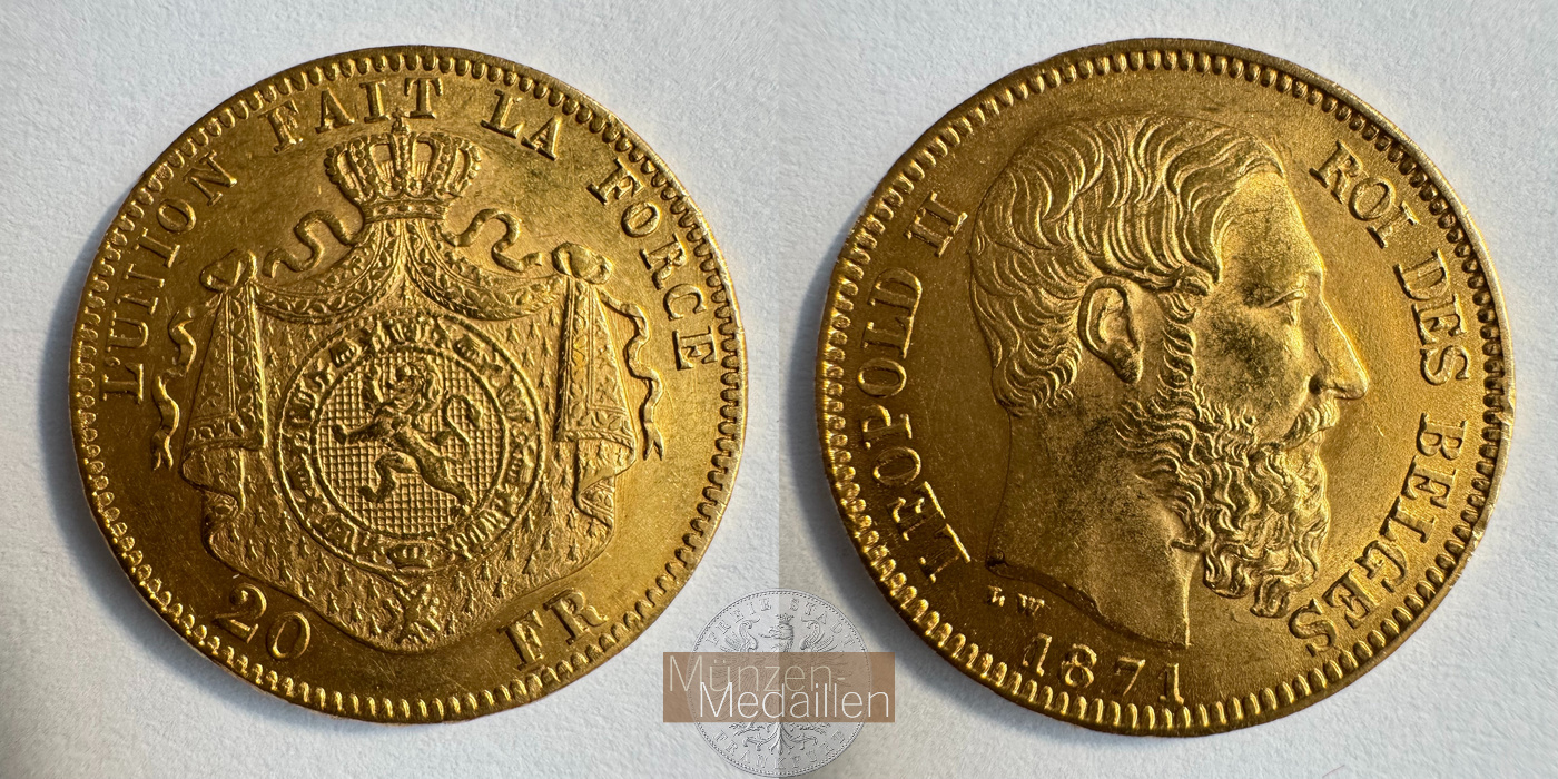 Belgien 20 Francs Léopold II (finer beard) 1871 (1870-1882) MM-Frankfurt Feingold: 5,805g   