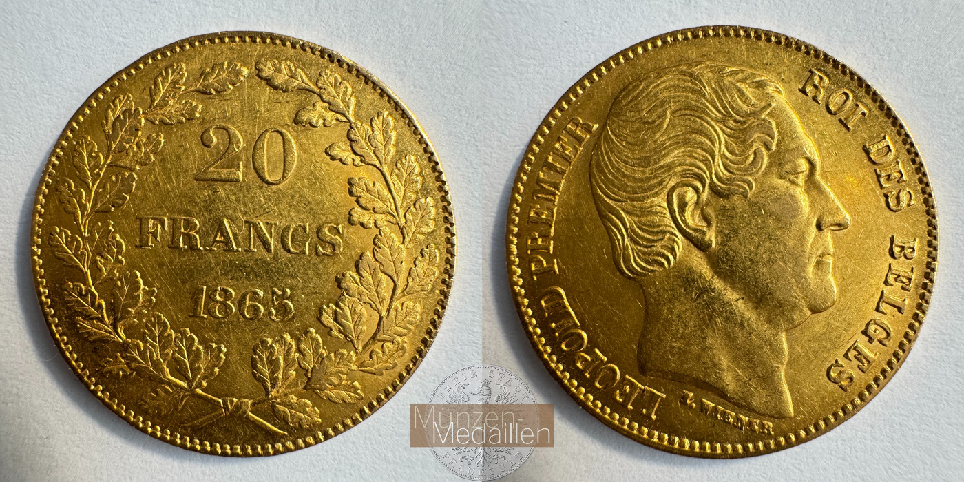  Belgien 20 Francs Léopold I 1865 (1864-1866) MM-Frankfurt Feingold: 5,805g   
