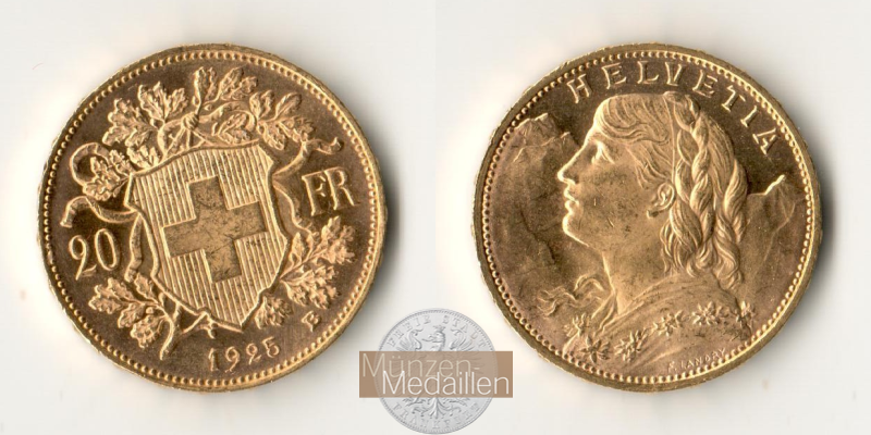 Schweiz MM-Frankfurt Feingold: 5,81g 20sFR (Vreneli) 1925 B 