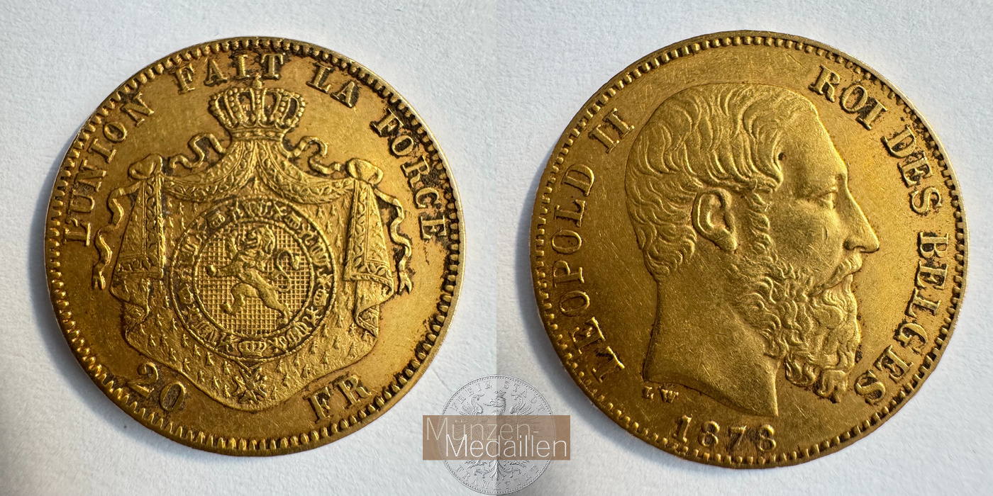  Belgien 20 Francs Léopold II 1878 (1870-1882) MM-Frankfurt Feingold: 5,805g   
