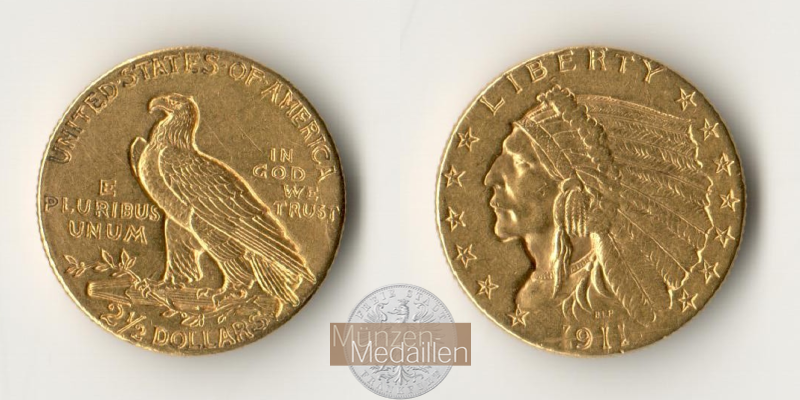 USA MM-Frankfurt Feingold: 3,76g 2,5 Dollars 1911 