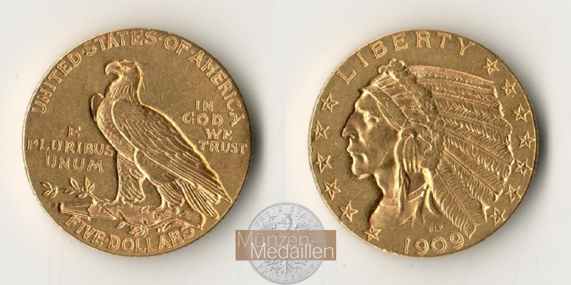 USA  5 Dollar MM-Frankfurt   Feingold: 7,52g Half Eagle - Indian Head 1909 