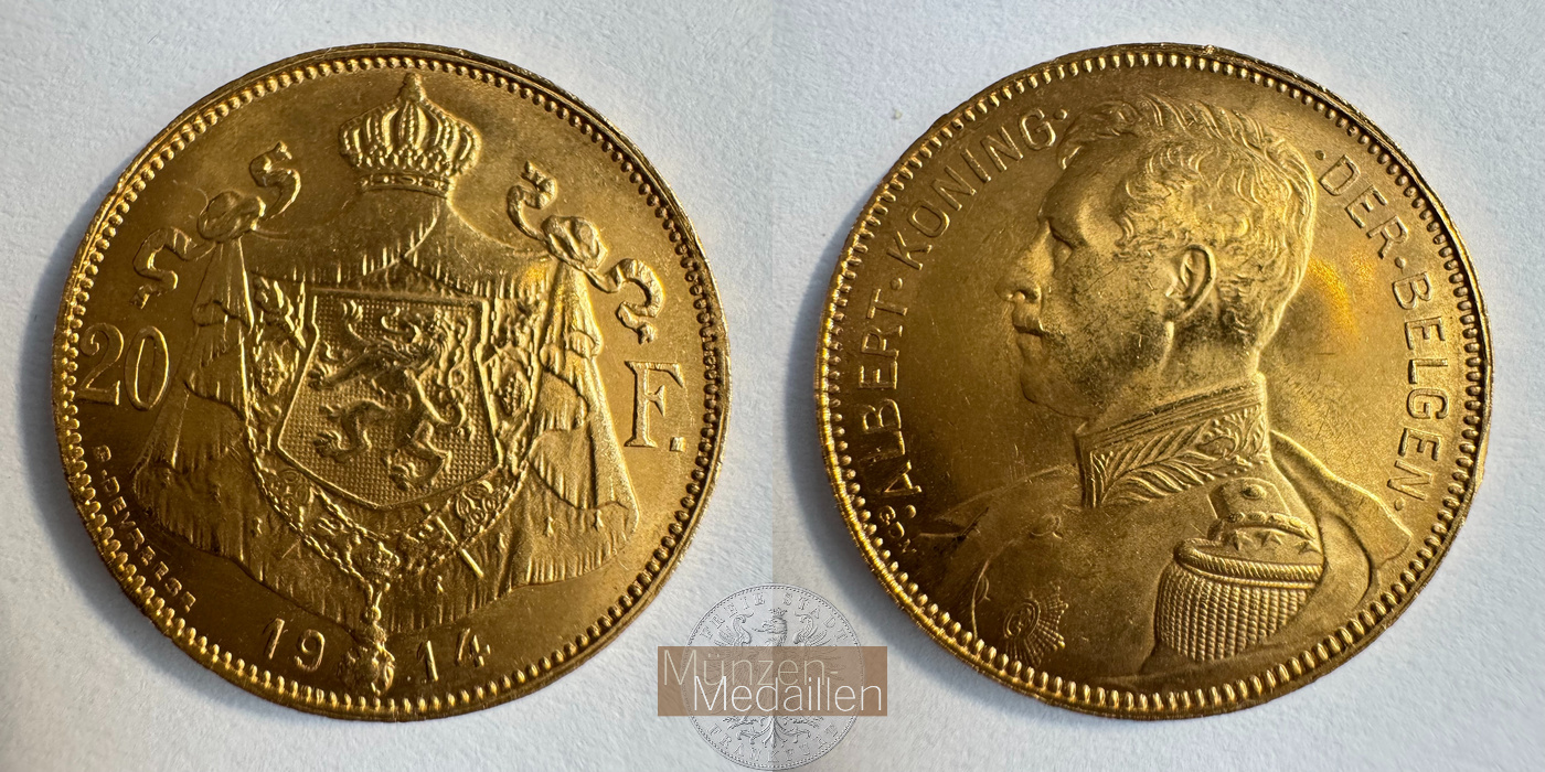  Belgien 20 Francs Albert I (Dutch text) 1914 MM-Frankfurt KM#79 Feingold: 5,86g   