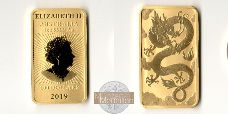 Australien  100 Dollar MM-Frankfurt Feingold: 31,1g Dragon Rectangle 2019 