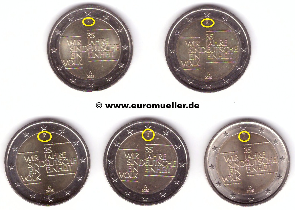 Deutschland 5x 2 Euro Gedenkmünze 2025...Deut. Einheit...unc.   