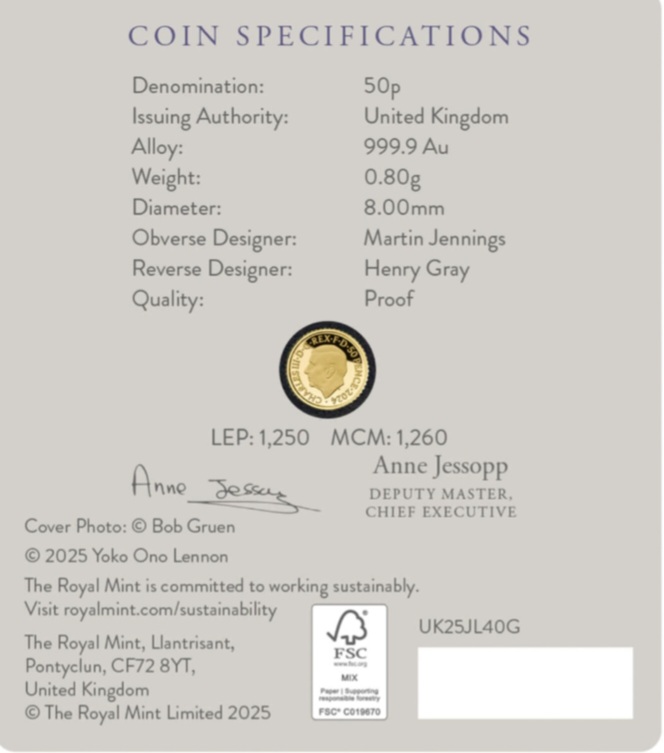  Großbritannien UK 1/40 oz Gold 2025 proof Serie Musiklegenden John Lennon, Aufl. 1.250 Ex.   