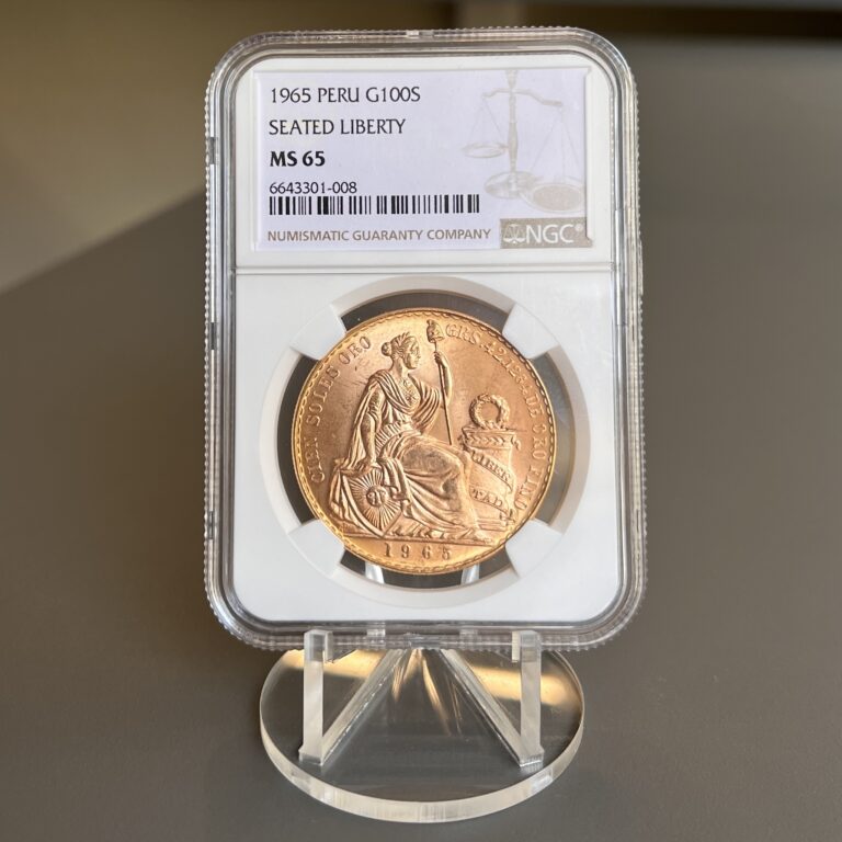  1965 Peru 100 Soles de Oro Gold Coin – Seated Liberty, NGC MS65   