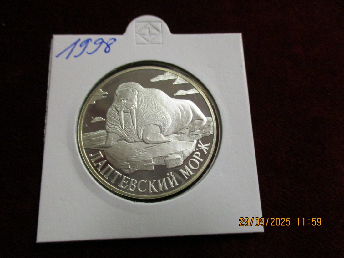  Russland 1 Rubel 1998 Tiere Laptewsee-Walroß 900er Silber 15,55 Gramm   