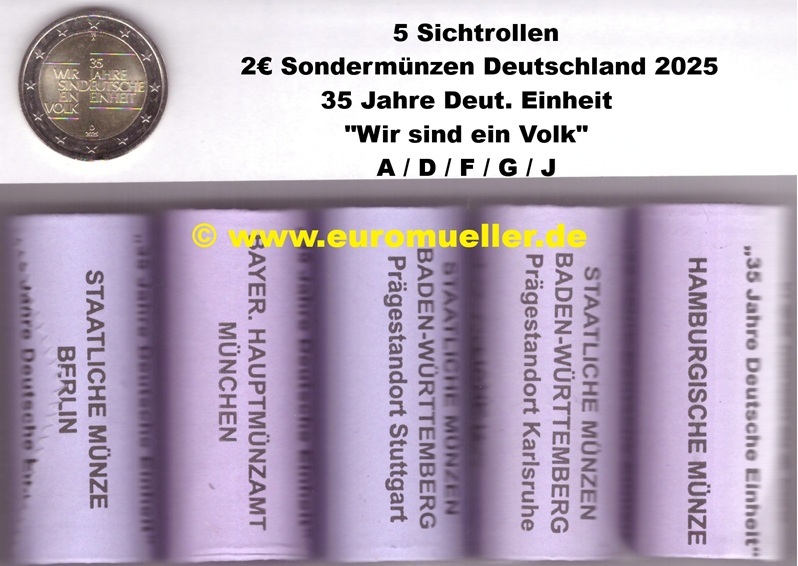 Deutschland 5 Rollen 2 Euro Gedenkmünze 2025...Deut. Einheit   