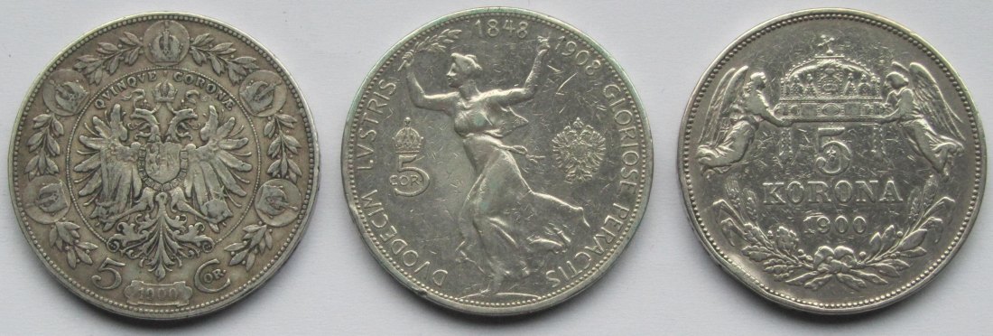  Österreich/Ungarn: 3 x 5 Kronen (1900 + 1908 + 1900)   
