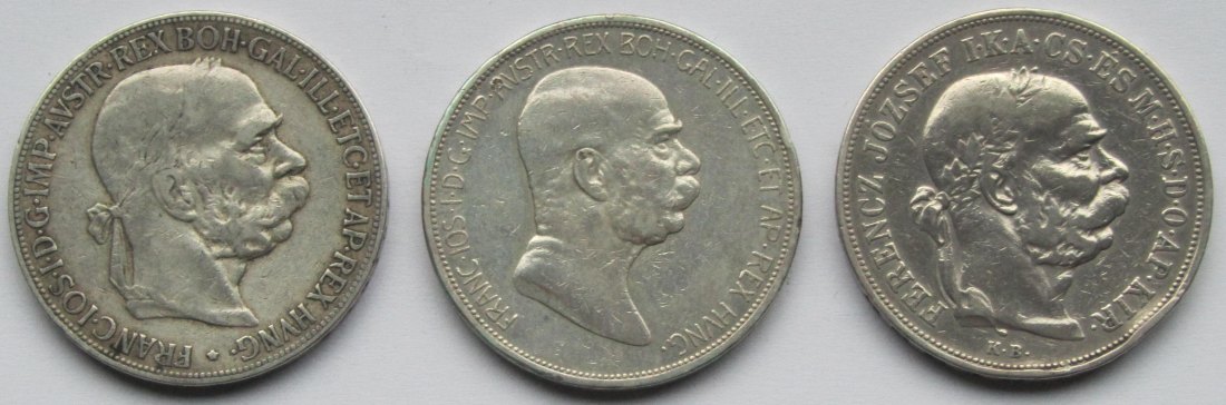  Österreich/Ungarn: 3 x 5 Kronen (1900 + 1908 + 1900)   