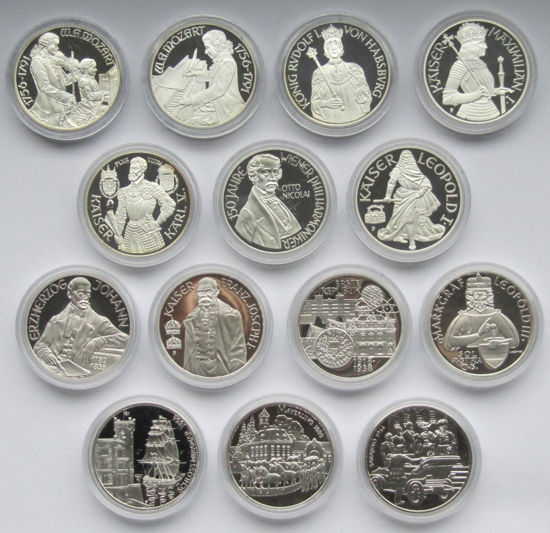  Österreich: 14 verschiedene 100 Schilling 1991-1999, zusammen 252 g Feinsilber   
