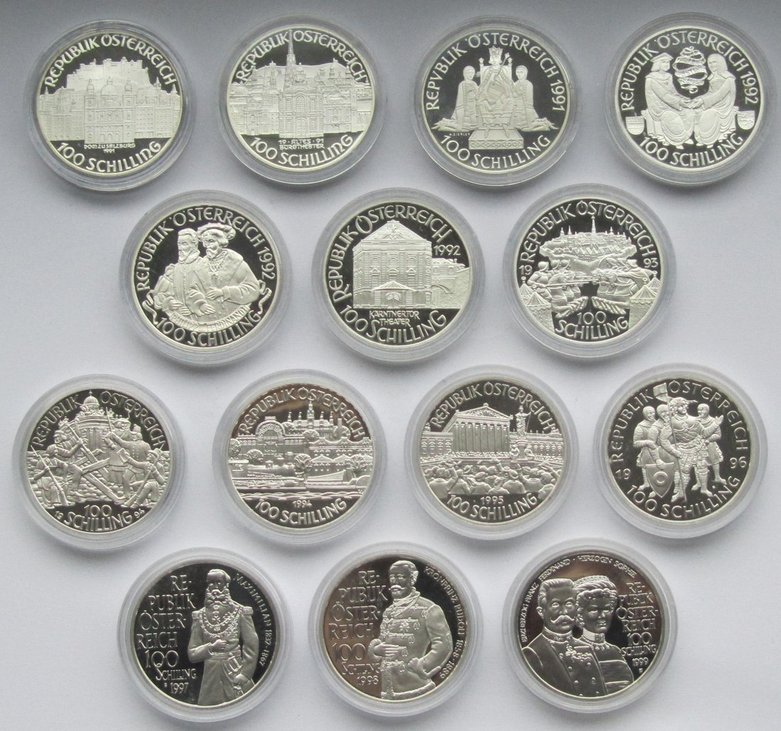  Österreich: 14 verschiedene 100 Schilling 1991-1999, zusammen 252 g Feinsilber   