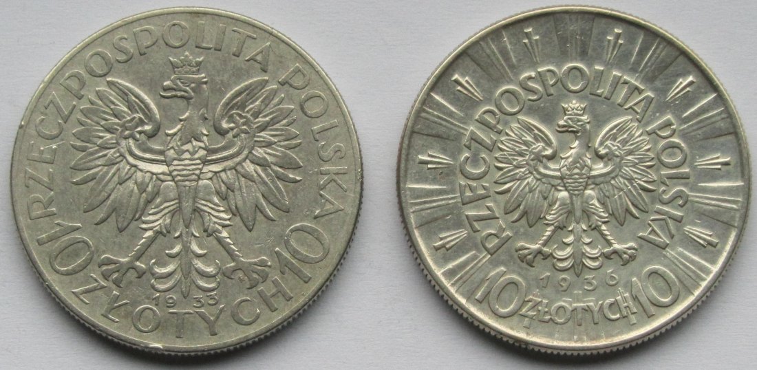  Polen: 2 x 10 Zloty (1933 + 1936), zusammen 33 g Feinsilber   