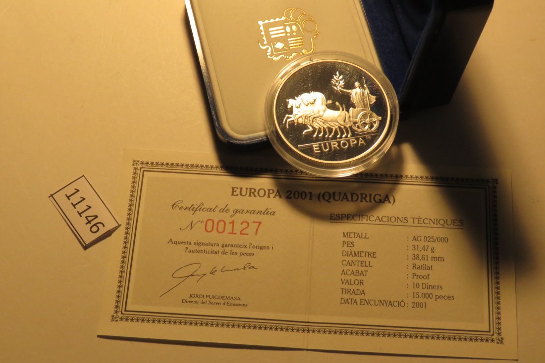  11146  Andorra 2001 - 10 Diners - Quadriga - 31,47 g SILBER 0.925 - Schatulle + Zertifikat   