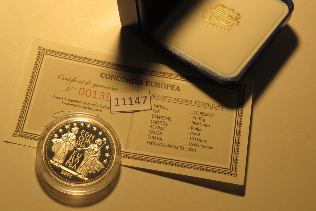  11147  Andorra 2001 - 10 Diners - Concordia Europea - 31,47 g SILBER 0.925 - Schatulle + Zertifikat   