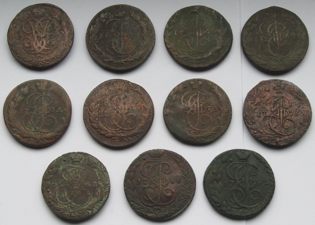  Russland: Elf verschiedene Jahrgänge 5 Kopeken 1761-1792   